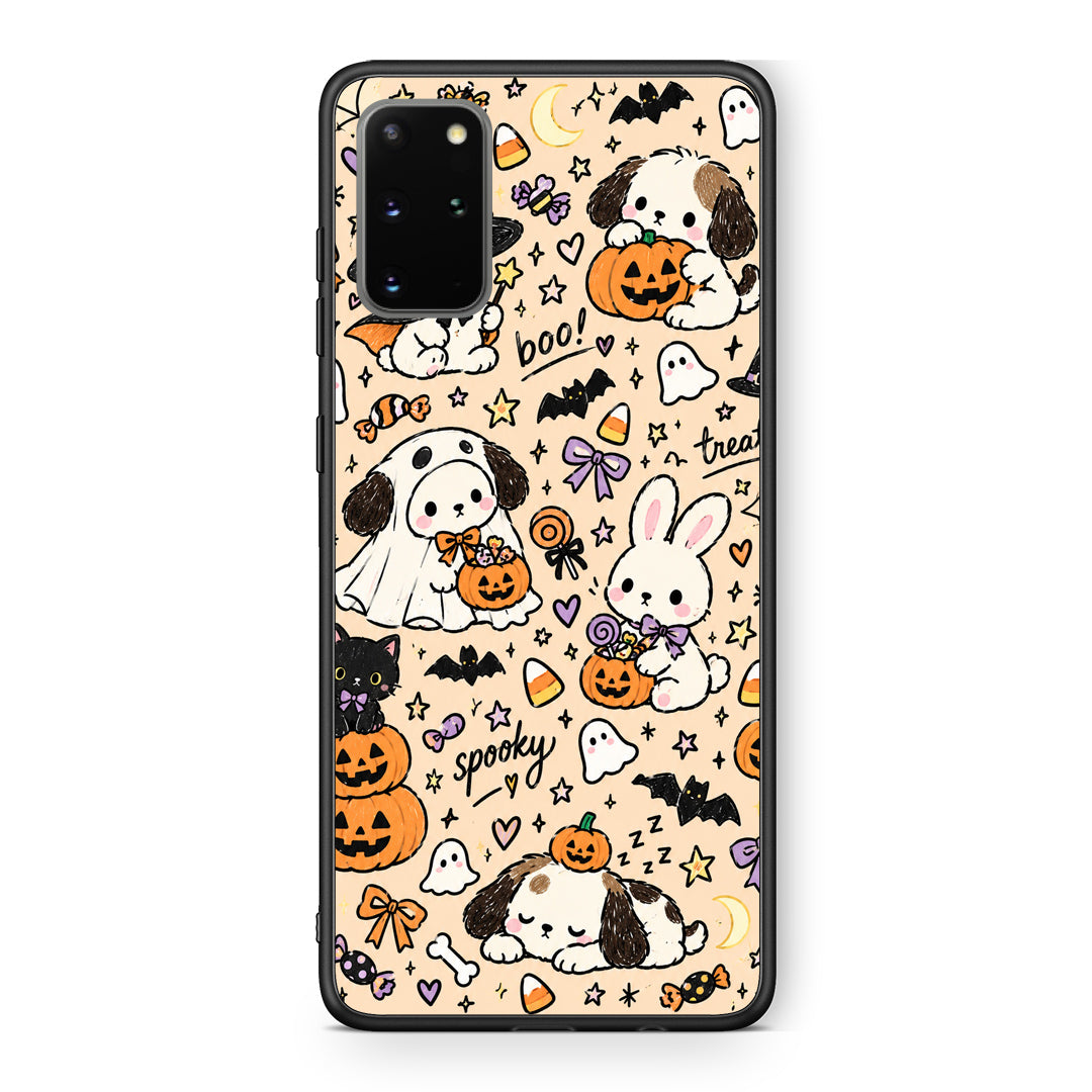 Θήκη Samsung Galaxy S20+ Halloween Puppies and Friends on Cream από τη Smartfits με σχέδιο στο πίσω μέρος και μαύρο περίβλημα | Samsung Galaxy S20+ Halloween Puppies and Friends on Cream case with colorful back and black bezels