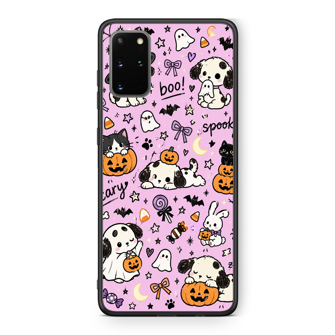 Θήκη Samsung Galaxy S20+ Halloween Puppies and Friends on Lilac από τη Smartfits με σχέδιο στο πίσω μέρος και μαύρο περίβλημα | Samsung Galaxy S20+ Halloween Puppies and Friends on Lilac case with colorful back and black bezels