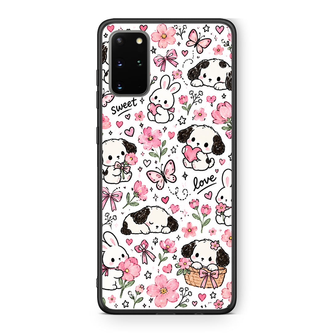 Θήκη Samsung Galaxy S20+ Pink Florals Puppies and Bunnies on White από τη Smartfits με σχέδιο στο πίσω μέρος και μαύρο περίβλημα | Samsung Galaxy S20+ Pink Florals Puppies and Bunnies on White case with colorful back and black bezels