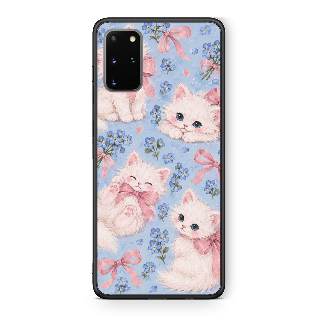 Θήκη Samsung Galaxy S20+ White Kittens and Blue Flowers Large από τη Smartfits με σχέδιο στο πίσω μέρος και μαύρο περίβλημα | Samsung Galaxy S20+ White Kittens and Blue Flowers Large case with colorful back and black bezels