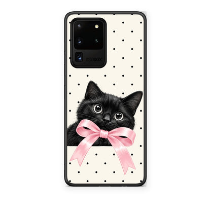 Θήκη Samsung Galaxy S20 Ultra Black Kitten Pink Bow and Polka Dots από τη Smartfits με σχέδιο στο πίσω μέρος και μαύρο περίβλημα | Samsung Galaxy S20 Ultra Black Kitten Pink Bow and Polka Dots case with colorful back and black bezels