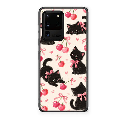 Θήκη Samsung Galaxy S20 Ultra Black Kittens and Cherries on Cream από τη Smartfits με σχέδιο στο πίσω μέρος και μαύρο περίβλημα | Samsung Galaxy S20 Ultra Black Kittens and Cherries on Cream case with colorful back and black bezels