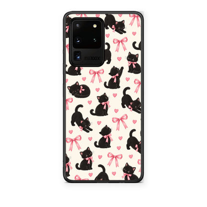 Θήκη Samsung Galaxy S20 Ultra Black Kittens and Pink Bows on Cream Small από τη Smartfits με σχέδιο στο πίσω μέρος και μαύρο περίβλημα | Samsung Galaxy S20 Ultra Black Kittens and Pink Bows on Cream Small case with colorful back and black bezels