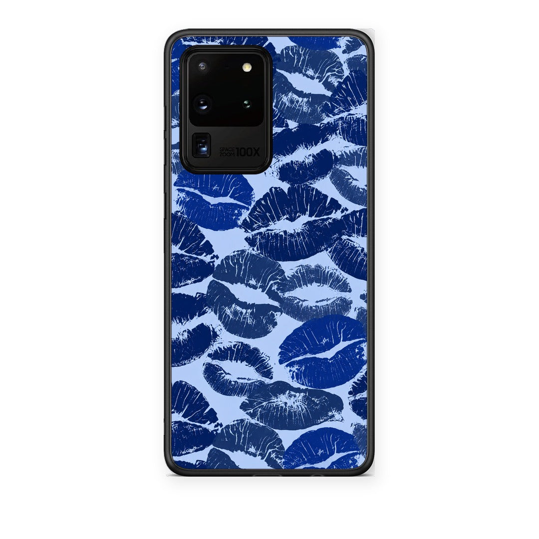 Θήκη Samsung Galaxy S20 Ultra Blue Lipstick Kisses από τη Smartfits με σχέδιο στο πίσω μέρος και μαύρο περίβλημα | Samsung Galaxy S20 Ultra Blue Lipstick Kisses case with colorful back and black bezels