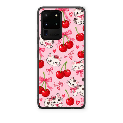 Θήκη Samsung Galaxy S20 Ultra Cherries Bows and Kittens on Pink από τη Smartfits με σχέδιο στο πίσω μέρος και μαύρο περίβλημα | Samsung Galaxy S20 Ultra Cherries Bows and Kittens on Pink case with colorful back and black bezels