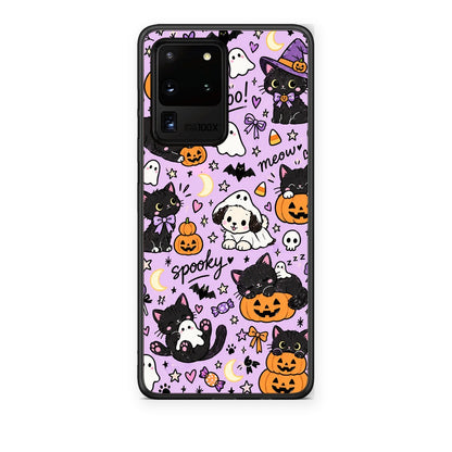 Θήκη Samsung Galaxy S20 Ultra Halloween Black Cats on Lilac από τη Smartfits με σχέδιο στο πίσω μέρος και μαύρο περίβλημα | Samsung Galaxy S20 Ultra Halloween Black Cats on Lilac case with colorful back and black bezels