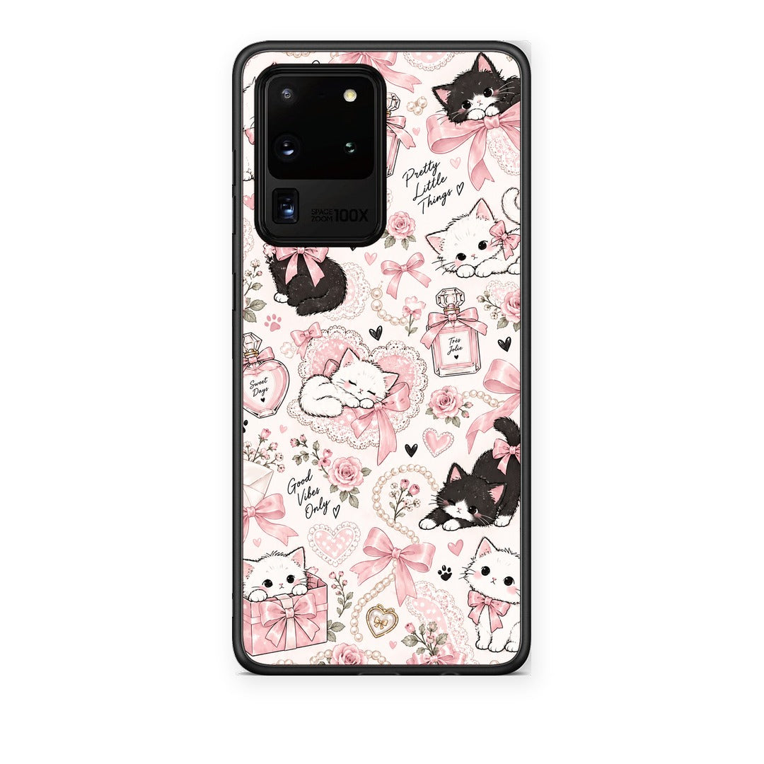 Θήκη Samsung Galaxy S20 Ultra Pink Bows and Kittens Collage από τη Smartfits με σχέδιο στο πίσω μέρος και μαύρο περίβλημα | Samsung Galaxy S20 Ultra Pink Bows and Kittens Collage case with colorful back and black bezels