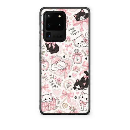 Θήκη Samsung Galaxy S20 Ultra Pink Bows and Kittens Collage από τη Smartfits με σχέδιο στο πίσω μέρος και μαύρο περίβλημα | Samsung Galaxy S20 Ultra Pink Bows and Kittens Collage case with colorful back and black bezels
