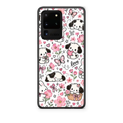 Θήκη Samsung Galaxy S20 Ultra Pink Florals Puppies and Bunnies on White από τη Smartfits με σχέδιο στο πίσω μέρος και μαύρο περίβλημα | Samsung Galaxy S20 Ultra Pink Florals Puppies and Bunnies on White case with colorful back and black bezels