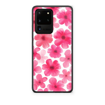 Θήκη Samsung Galaxy S20 Ultra Pink Watercolour Flowers on White από τη Smartfits με σχέδιο στο πίσω μέρος και μαύρο περίβλημα | Samsung Galaxy S20 Ultra Pink Watercolour Flowers on White case with colorful back and black bezels