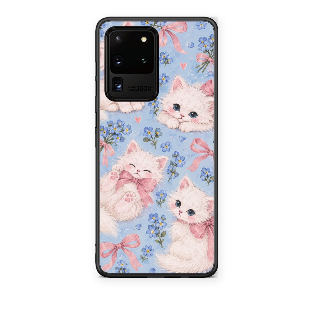 Θήκη Samsung Galaxy S20 Ultra White Kittens and Blue Flowers Large από τη Smartfits με σχέδιο στο πίσω μέρος και μαύρο περίβλημα | Samsung Galaxy S20 Ultra White Kittens and Blue Flowers Large case with colorful back and black bezels