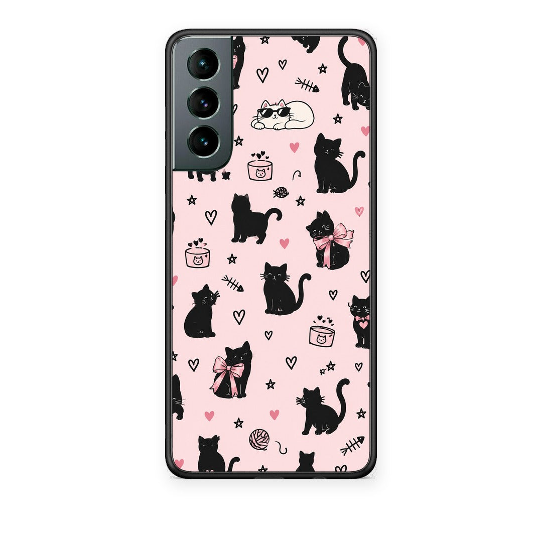 Θήκη Samsung Galaxy S21 Black Cat Doodles on Pink από τη Smartfits με σχέδιο στο πίσω μέρος και μαύρο περίβλημα | Samsung Galaxy S21 Black Cat Doodles on Pink case with colorful back and black bezels