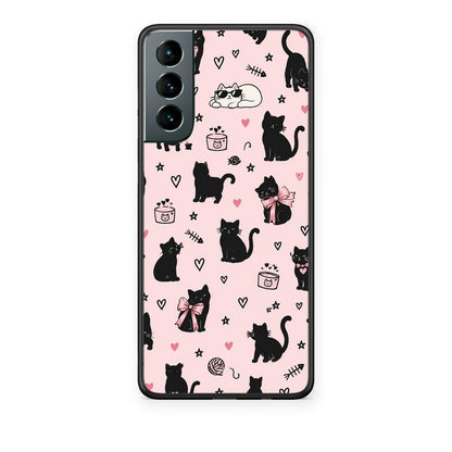Θήκη Samsung Galaxy S21 Black Cat Doodles on Pink από τη Smartfits με σχέδιο στο πίσω μέρος και μαύρο περίβλημα | Samsung Galaxy S21 Black Cat Doodles on Pink case with colorful back and black bezels