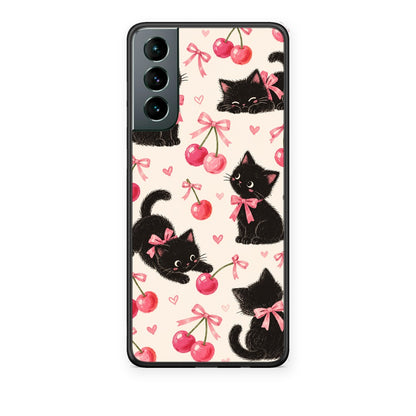 Θήκη Samsung Galaxy S21 Black Kittens and Cherries on Cream από τη Smartfits με σχέδιο στο πίσω μέρος και μαύρο περίβλημα | Samsung Galaxy S21 Black Kittens and Cherries on Cream case with colorful back and black bezels