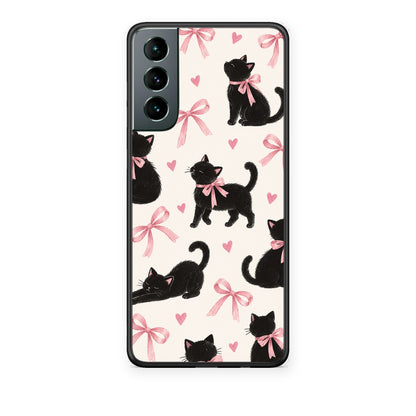 Θήκη Samsung Galaxy S21 Black Kittens and Pink Bows on Cream Large από τη Smartfits με σχέδιο στο πίσω μέρος και μαύρο περίβλημα | Samsung Galaxy S21 Black Kittens and Pink Bows on Cream Large case with colorful back and black bezels