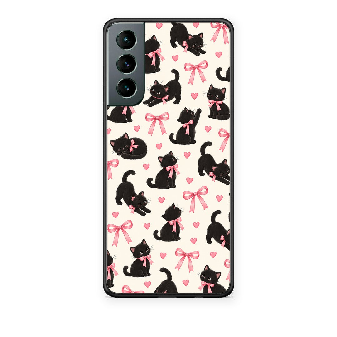 Θήκη Samsung Galaxy S21 Black Kittens and Pink Bows on Cream Small από τη Smartfits με σχέδιο στο πίσω μέρος και μαύρο περίβλημα | Samsung Galaxy S21 Black Kittens and Pink Bows on Cream Small case with colorful back and black bezels