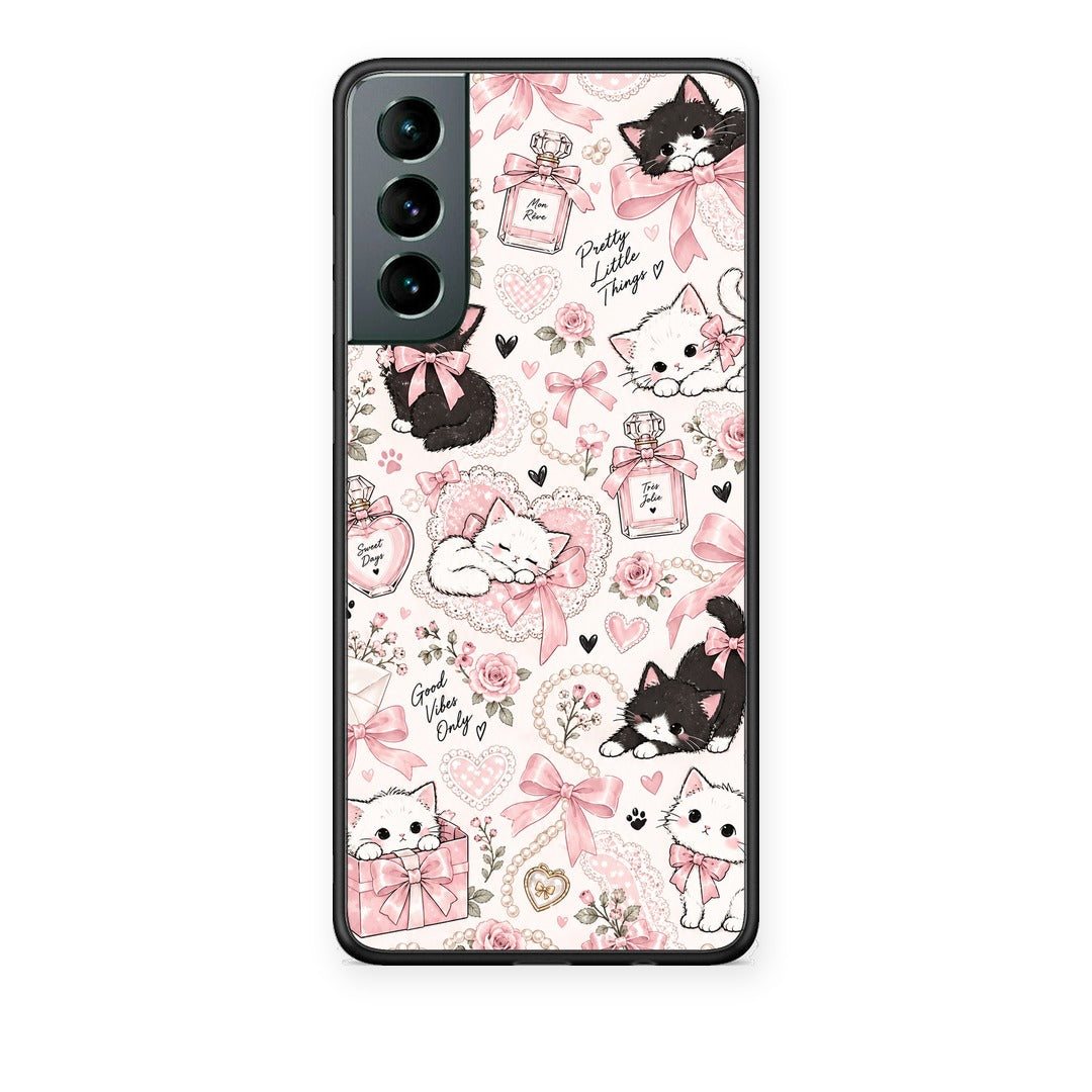 Θήκη Samsung Galaxy S21 Pink Bows and Kittens Collage από τη Smartfits με σχέδιο στο πίσω μέρος και μαύρο περίβλημα | Samsung Galaxy S21 Pink Bows and Kittens Collage case with colorful back and black bezels