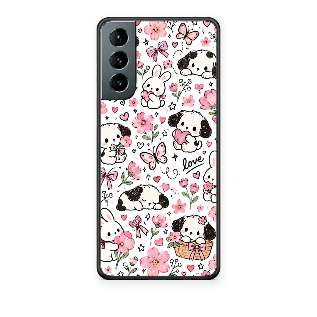 Θήκη Samsung Galaxy S21 Pink Florals Puppies and Bunnies on White από τη Smartfits με σχέδιο στο πίσω μέρος και μαύρο περίβλημα | Samsung Galaxy S21 Pink Florals Puppies and Bunnies on White case with colorful back and black bezels