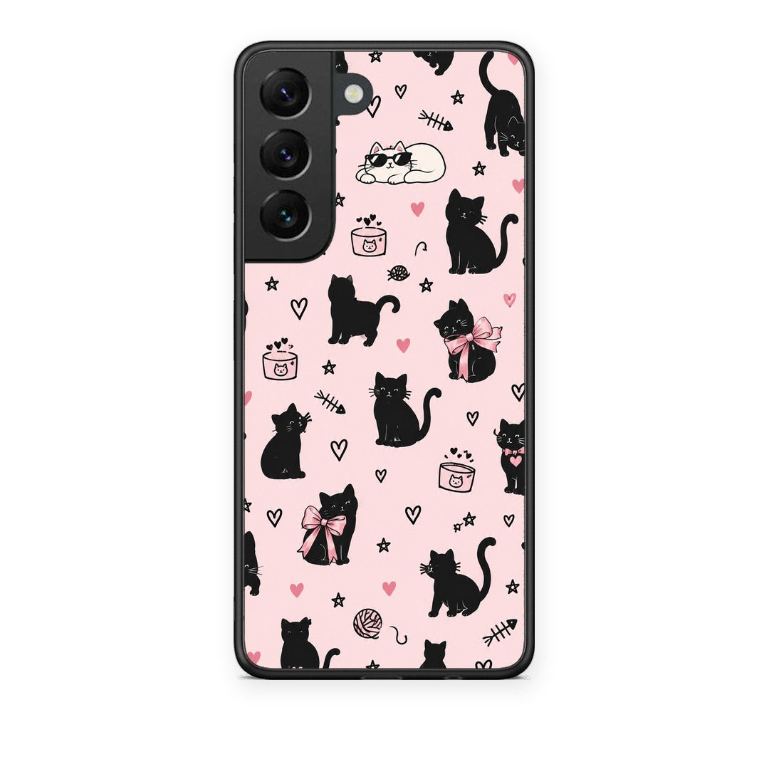 Θήκη Samsung Galaxy S22 Black Cat Doodles on Pink από τη Smartfits με σχέδιο στο πίσω μέρος και μαύρο περίβλημα | Samsung Galaxy S22 Black Cat Doodles on Pink case with colorful back and black bezels