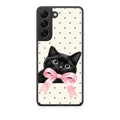 Θήκη Samsung Galaxy S22 Black Kitten Pink Bow and Polka Dots από τη Smartfits με σχέδιο στο πίσω μέρος και μαύρο περίβλημα | Samsung Galaxy S22 Black Kitten Pink Bow and Polka Dots case with colorful back and black bezels