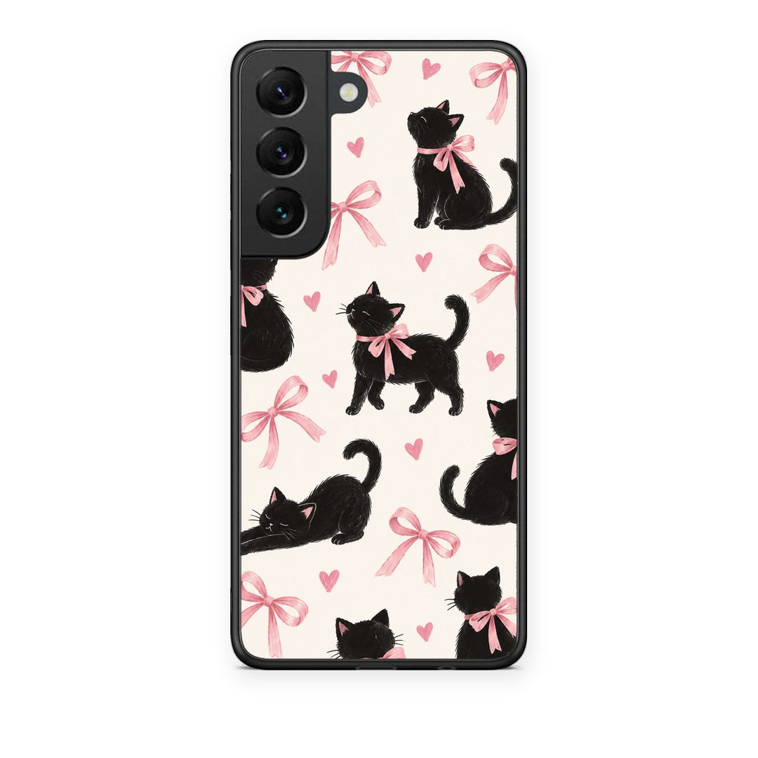 Θήκη Samsung Galaxy S22 Black Kittens and Pink Bows on Cream Large από τη Smartfits με σχέδιο στο πίσω μέρος και μαύρο περίβλημα | Samsung Galaxy S22 Black Kittens and Pink Bows on Cream Large case with colorful back and black bezels