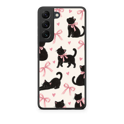 Θήκη Samsung Galaxy S22 Black Kittens and Pink Bows on Cream Large από τη Smartfits με σχέδιο στο πίσω μέρος και μαύρο περίβλημα | Samsung Galaxy S22 Black Kittens and Pink Bows on Cream Large case with colorful back and black bezels