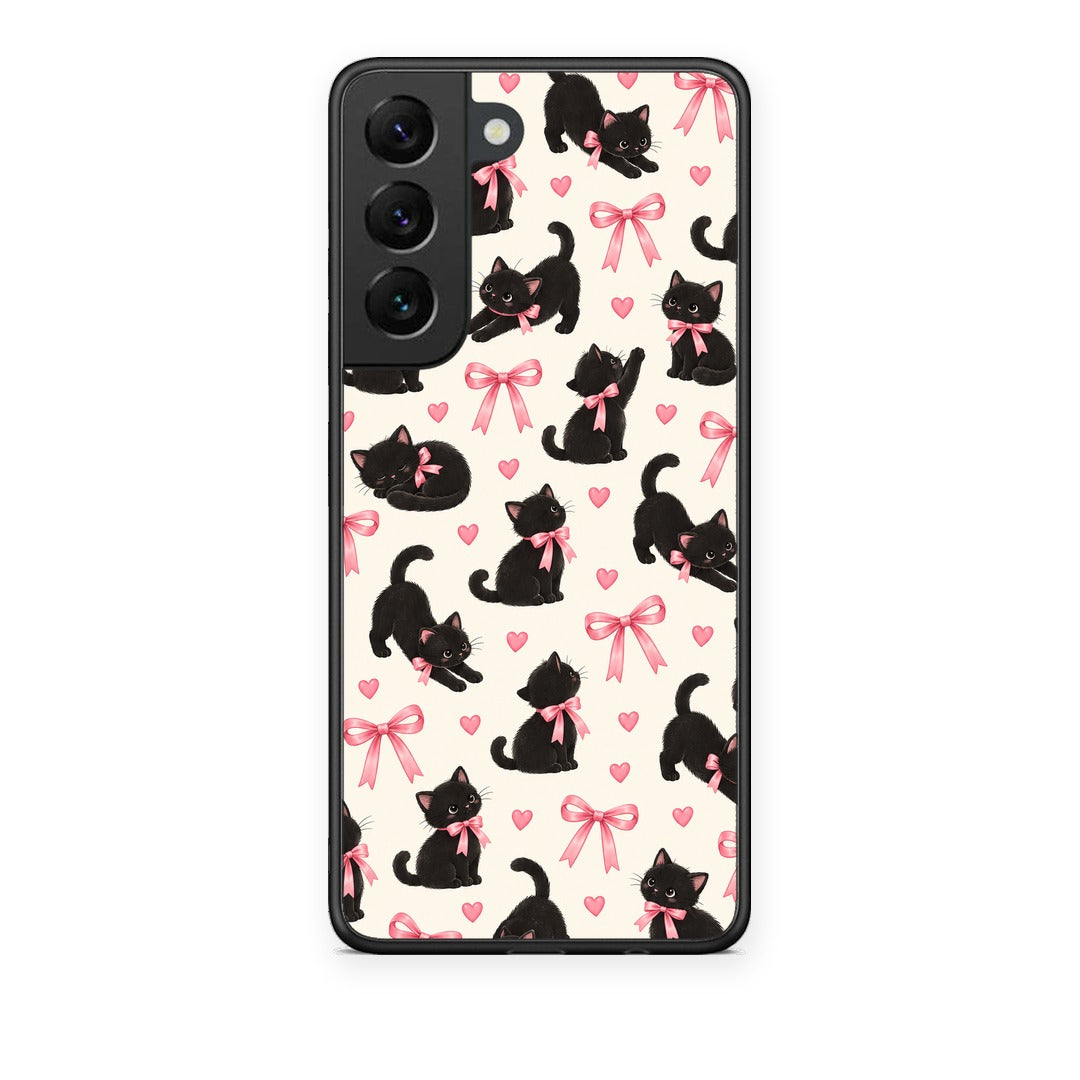Θήκη Samsung Galaxy S22 Black Kittens and Pink Bows on Cream Small από τη Smartfits με σχέδιο στο πίσω μέρος και μαύρο περίβλημα | Samsung Galaxy S22 Black Kittens and Pink Bows on Cream Small case with colorful back and black bezels