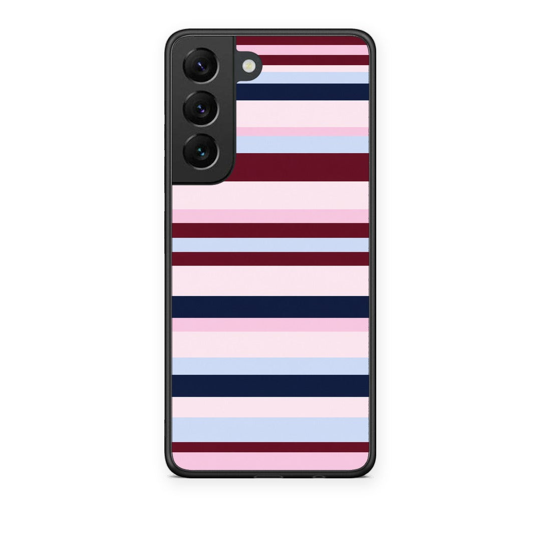 Θήκη Samsung Galaxy S22 Burgundy Pink and Blue Horizontal Stripes από τη Smartfits με σχέδιο στο πίσω μέρος και μαύρο περίβλημα | Samsung Galaxy S22 Burgundy Pink and Blue Horizontal Stripes case with colorful back and black bezels