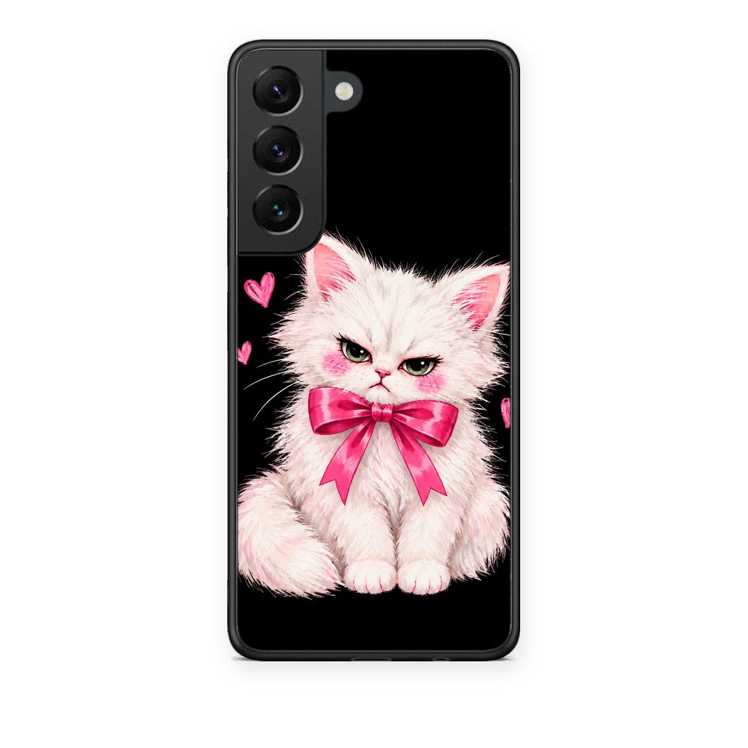 Θήκη Samsung Galaxy S22 Grumpy Party Kitten on Black από τη Smartfits με σχέδιο στο πίσω μέρος και μαύρο περίβλημα | Samsung Galaxy S22 Grumpy Party Kitten on Black case with colorful back and black bezels