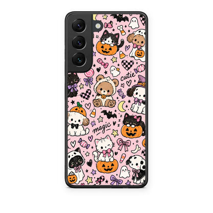 Θήκη Samsung Galaxy S22 Halloween Cute Animals on Pink από τη Smartfits με σχέδιο στο πίσω μέρος και μαύρο περίβλημα | Samsung Galaxy S22 Halloween Cute Animals on Pink case with colorful back and black bezels