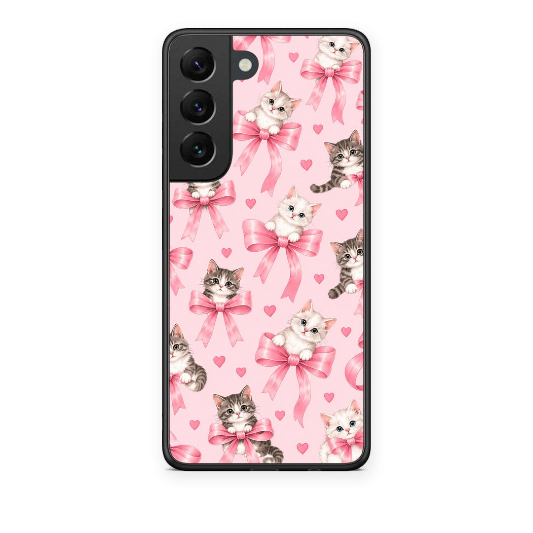 Θήκη Samsung Galaxy S22 Kittens and Pink Bows on Pink από τη Smartfits με σχέδιο στο πίσω μέρος και μαύρο περίβλημα | Samsung Galaxy S22 Kittens and Pink Bows on Pink case with colorful back and black bezels
