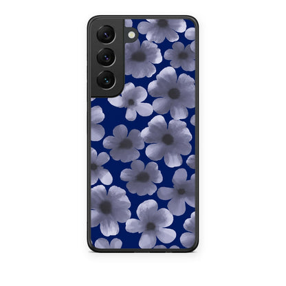 Θήκη Samsung Galaxy S22 Pale Blue Flowers on Navy από τη Smartfits με σχέδιο στο πίσω μέρος και μαύρο περίβλημα | Samsung Galaxy S22 Pale Blue Flowers on Navy case with colorful back and black bezels