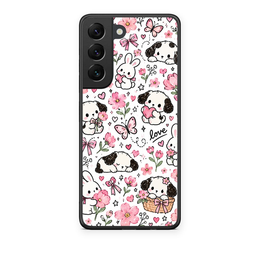 Θήκη Samsung Galaxy S22 Pink Florals Puppies and Bunnies on White από τη Smartfits με σχέδιο στο πίσω μέρος και μαύρο περίβλημα | Samsung Galaxy S22 Pink Florals Puppies and Bunnies on White case with colorful back and black bezels