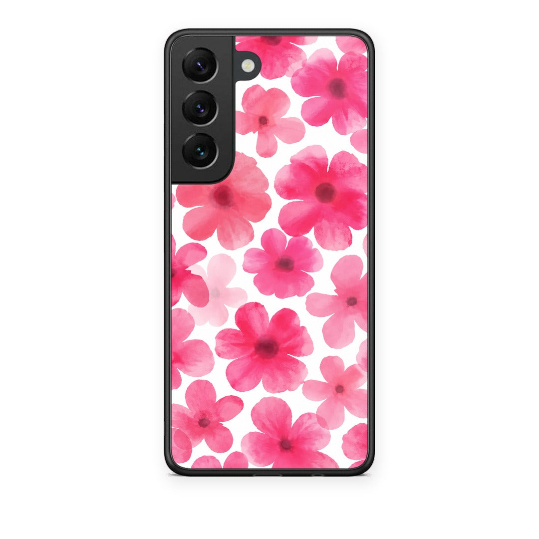 Θήκη Samsung Galaxy S22 Pink Watercolour Flowers on White από τη Smartfits με σχέδιο στο πίσω μέρος και μαύρο περίβλημα | Samsung Galaxy S22 Pink Watercolour Flowers on White case with colorful back and black bezels