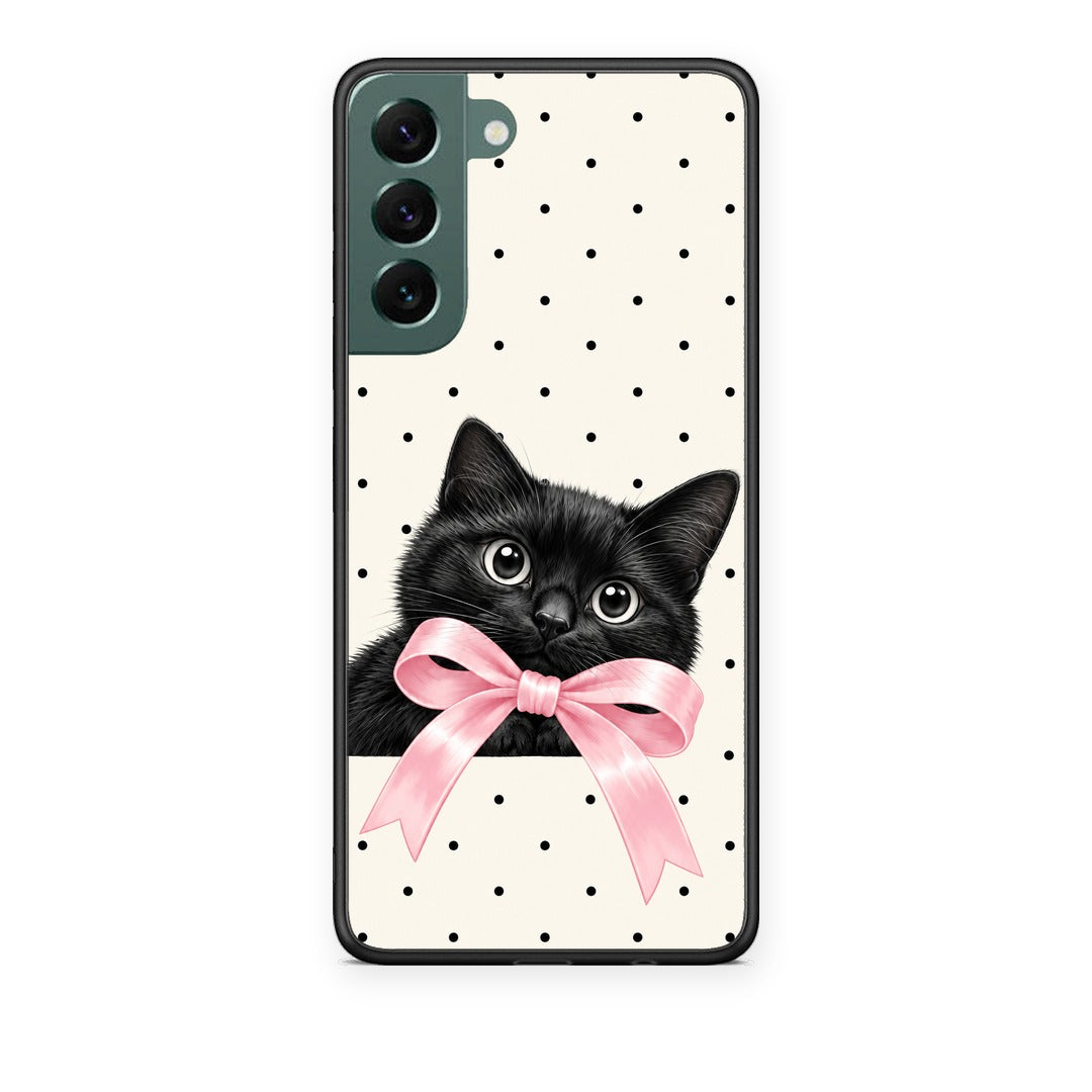 Θήκη Samsung Galaxy S22 Plus Black Kitten Pink Bow and Polka Dots από τη Smartfits με σχέδιο στο πίσω μέρος και μαύρο περίβλημα | Samsung Galaxy S22 Plus Black Kitten Pink Bow and Polka Dots case with colorful back and black bezels