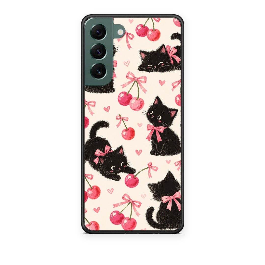Θήκη Samsung Galaxy S22 Plus Black Kittens and Cherries on Cream από τη Smartfits με σχέδιο στο πίσω μέρος και μαύρο περίβλημα | Samsung Galaxy S22 Plus Black Kittens and Cherries on Cream case with colorful back and black bezels