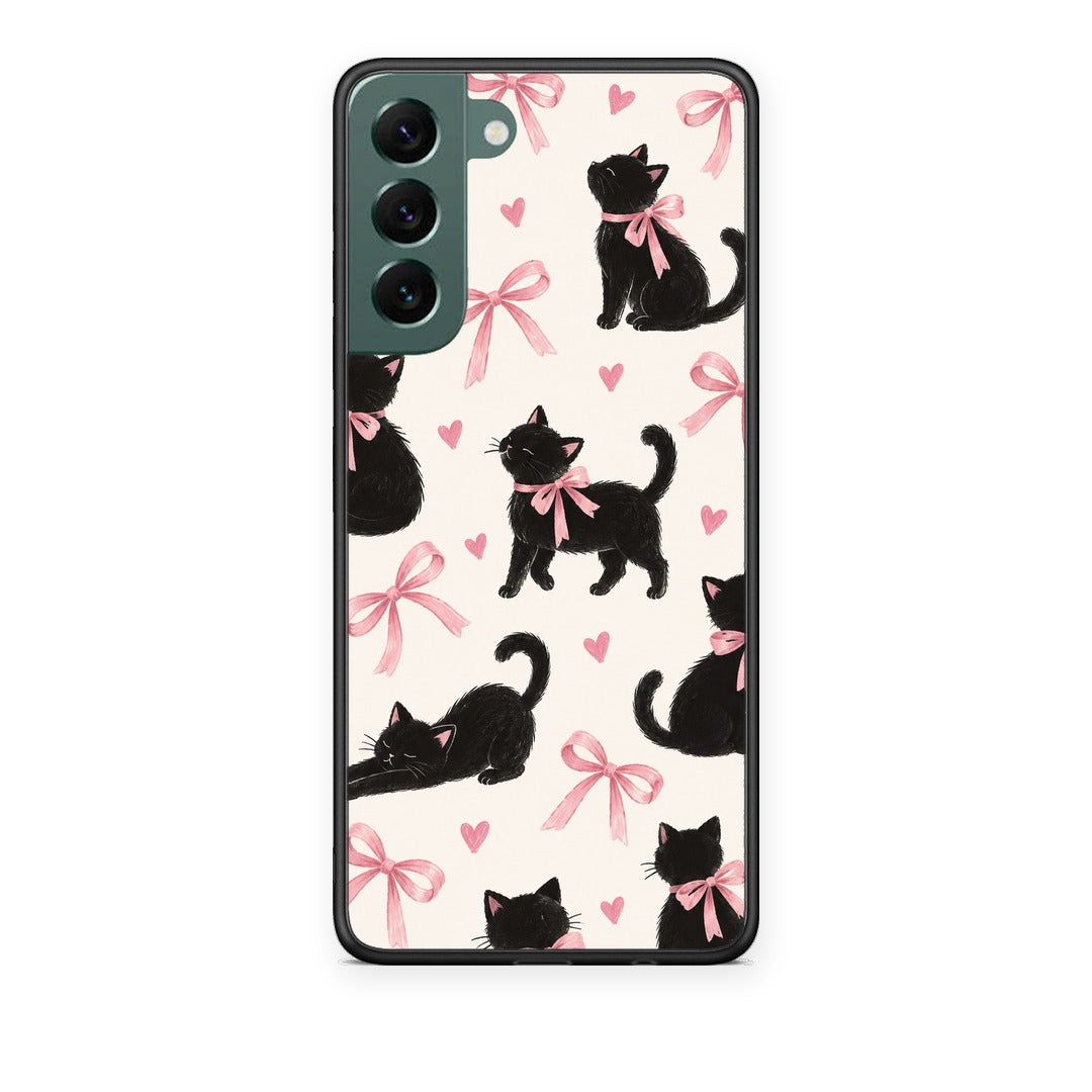 Θήκη Samsung Galaxy S22 Plus Black Kittens and Pink Bows on Cream Large από τη Smartfits με σχέδιο στο πίσω μέρος και μαύρο περίβλημα | Samsung Galaxy S22 Plus Black Kittens and Pink Bows on Cream Large case with colorful back and black bezels