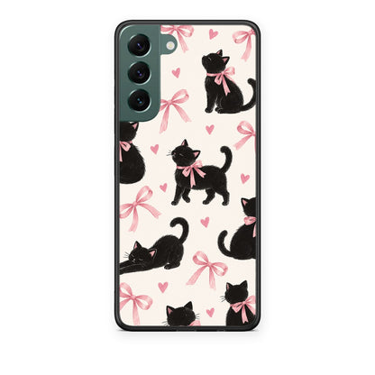 Θήκη Samsung Galaxy S22 Plus Black Kittens and Pink Bows on Cream Large από τη Smartfits με σχέδιο στο πίσω μέρος και μαύρο περίβλημα | Samsung Galaxy S22 Plus Black Kittens and Pink Bows on Cream Large case with colorful back and black bezels