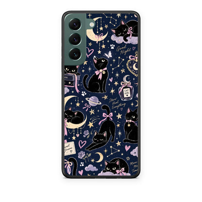 Θήκη Samsung Galaxy S22 Plus Celestial Black Cats on Navy από τη Smartfits με σχέδιο στο πίσω μέρος και μαύρο περίβλημα | Samsung Galaxy S22 Plus Celestial Black Cats on Navy case with colorful back and black bezels
