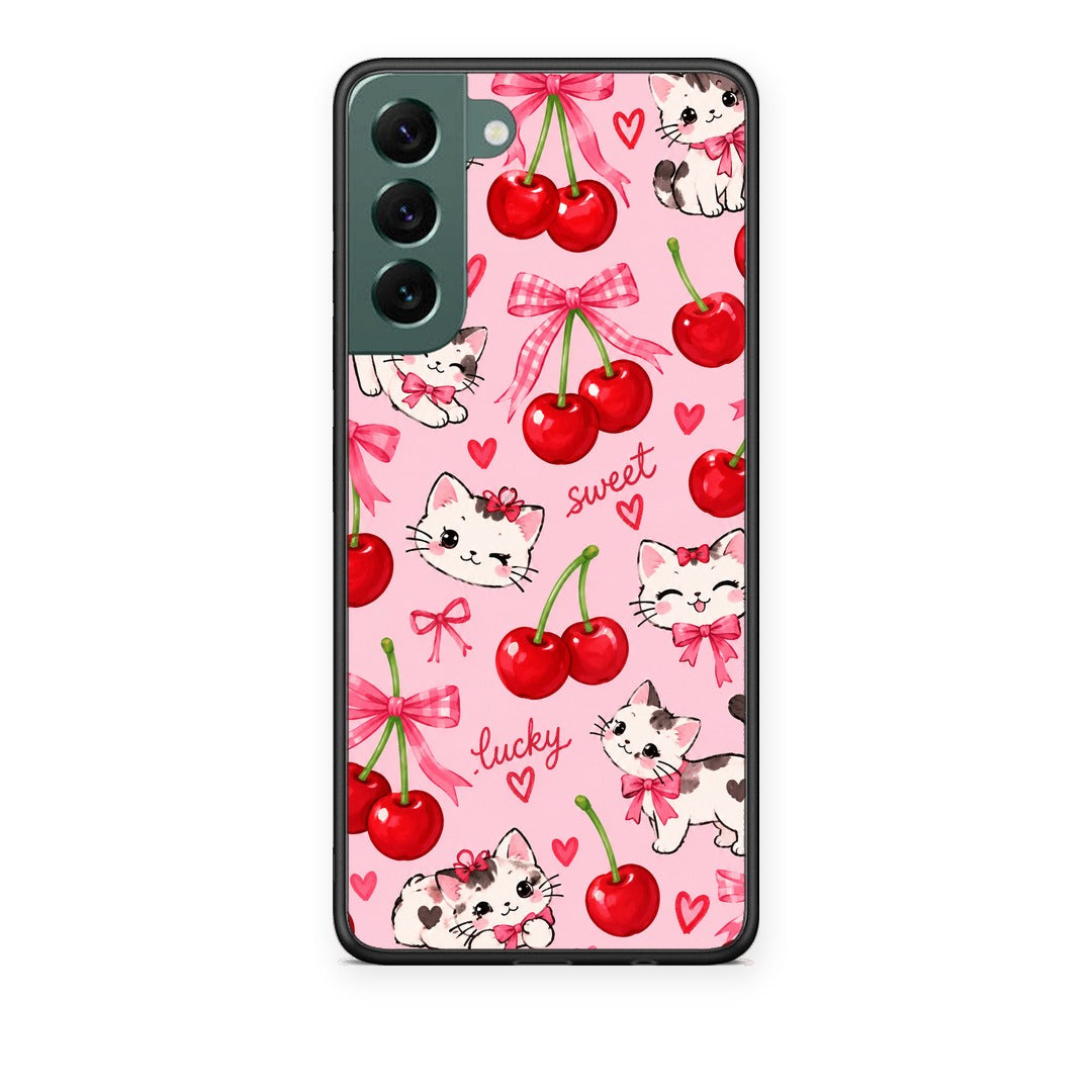 Θήκη Samsung Galaxy S22 Plus Cherries Bows and Kittens on Pink από τη Smartfits με σχέδιο στο πίσω μέρος και μαύρο περίβλημα | Samsung Galaxy S22 Plus Cherries Bows and Kittens on Pink case with colorful back and black bezels