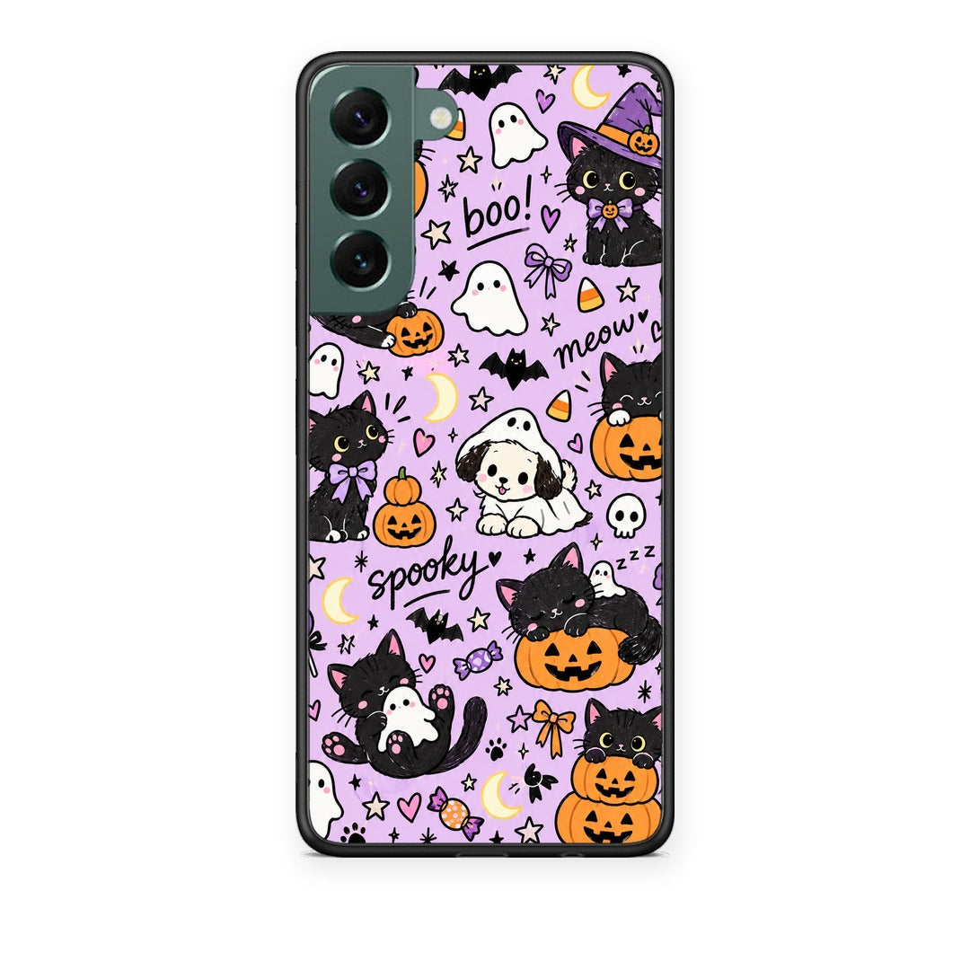 Θήκη Samsung Galaxy S22 Plus Halloween Black Cats on Lilac από τη Smartfits με σχέδιο στο πίσω μέρος και μαύρο περίβλημα | Samsung Galaxy S22 Plus Halloween Black Cats on Lilac case with colorful back and black bezels