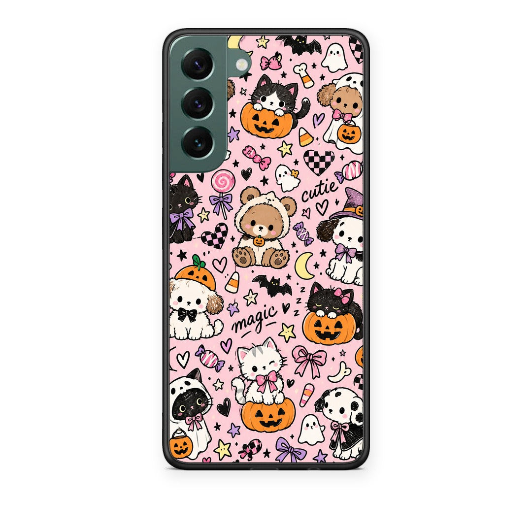 Θήκη Samsung Galaxy S22 Plus Halloween Cute Animals on Pink από τη Smartfits με σχέδιο στο πίσω μέρος και μαύρο περίβλημα | Samsung Galaxy S22 Plus Halloween Cute Animals on Pink case with colorful back and black bezels