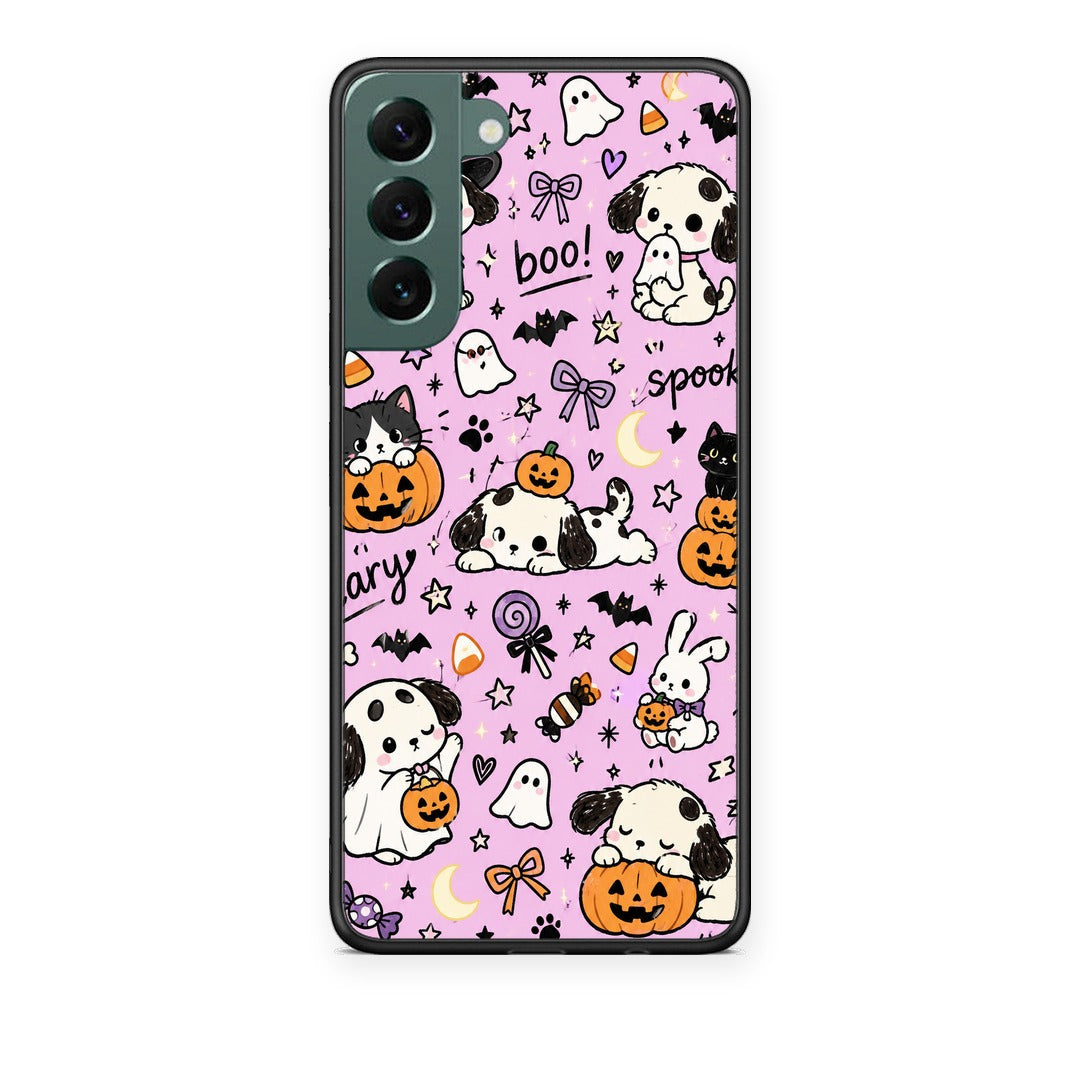 Θήκη Samsung Galaxy S22 Plus Halloween Puppies and Friends on Lilac από τη Smartfits με σχέδιο στο πίσω μέρος και μαύρο περίβλημα | Samsung Galaxy S22 Plus Halloween Puppies and Friends on Lilac case with colorful back and black bezels