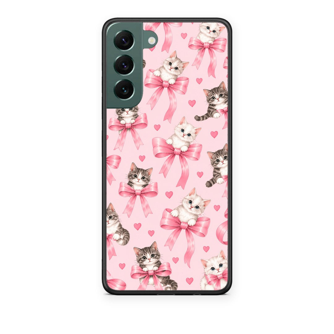 Θήκη Samsung Galaxy S22 Plus Kittens and Pink Bows on Pink από τη Smartfits με σχέδιο στο πίσω μέρος και μαύρο περίβλημα | Samsung Galaxy S22 Plus Kittens and Pink Bows on Pink case with colorful back and black bezels