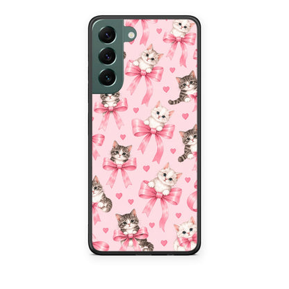 Θήκη Samsung Galaxy S22 Plus Kittens and Pink Bows on Pink από τη Smartfits με σχέδιο στο πίσω μέρος και μαύρο περίβλημα | Samsung Galaxy S22 Plus Kittens and Pink Bows on Pink case with colorful back and black bezels