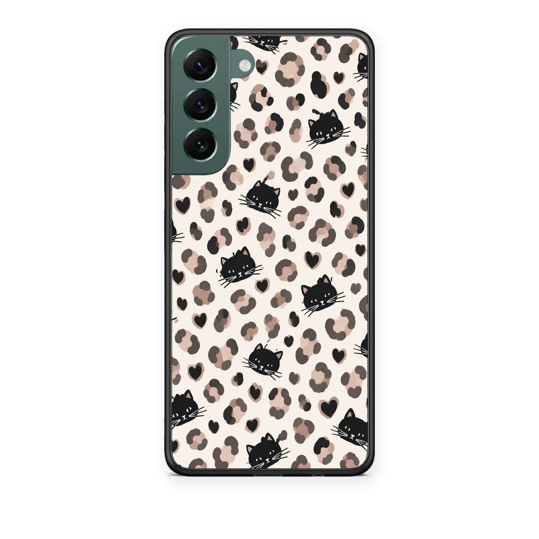 Θήκη Samsung Galaxy S22 Plus Leopard Spots and Black Cats on Cream από τη Smartfits με σχέδιο στο πίσω μέρος και μαύρο περίβλημα | Samsung Galaxy S22 Plus Leopard Spots and Black Cats on Cream case with colorful back and black bezels