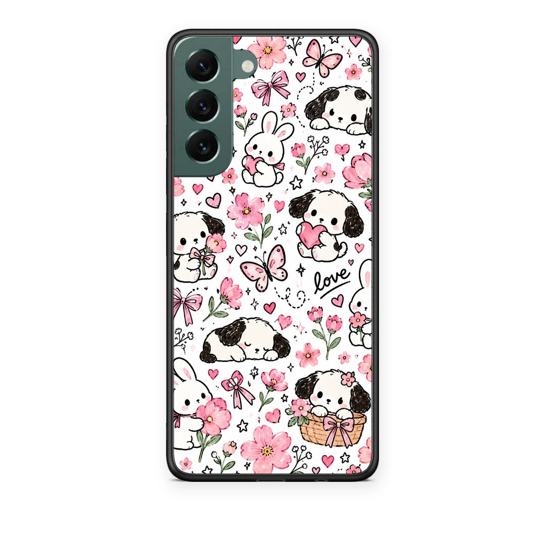 Θήκη Samsung Galaxy S22 Plus Pink Florals Puppies and Bunnies on White από τη Smartfits με σχέδιο στο πίσω μέρος και μαύρο περίβλημα | Samsung Galaxy S22 Plus Pink Florals Puppies and Bunnies on White case with colorful back and black bezels