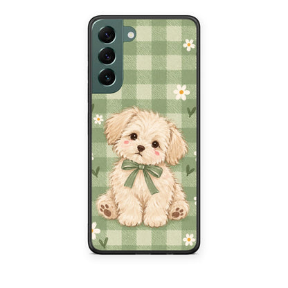 Θήκη Samsung Galaxy S22 Plus Puppy and Daisies on Sage Gingham από τη Smartfits με σχέδιο στο πίσω μέρος και μαύρο περίβλημα | Samsung Galaxy S22 Plus Puppy and Daisies on Sage Gingham case with colorful back and black bezels