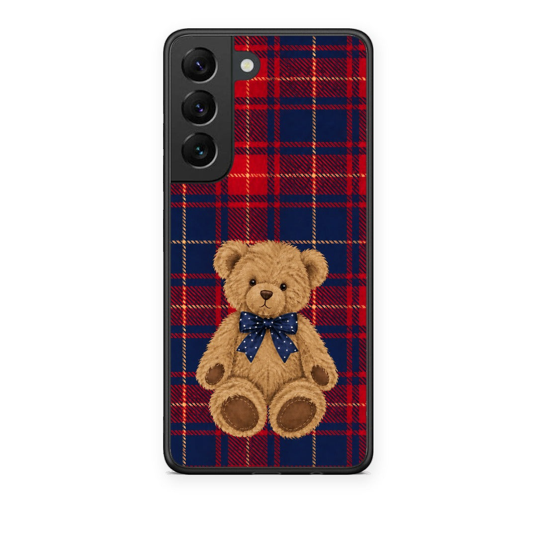 Θήκη Samsung Galaxy S22 Teddy Bear on Red and Navy Tartan από τη Smartfits με σχέδιο στο πίσω μέρος και μαύρο περίβλημα | Samsung Galaxy S22 Teddy Bear on Red and Navy Tartan case with colorful back and black bezels