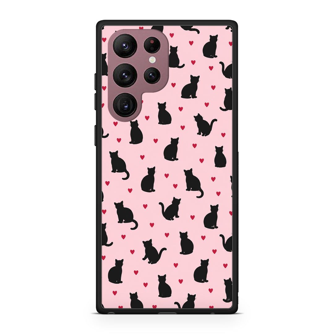 Θήκη Samsung Galaxy S22 Ultra Black Cat Silhouettes and Hearts on Pink από τη Smartfits με σχέδιο στο πίσω μέρος και μαύρο περίβλημα | Samsung Galaxy S22 Ultra Black Cat Silhouettes and Hearts on Pink case with colorful back and black bezels